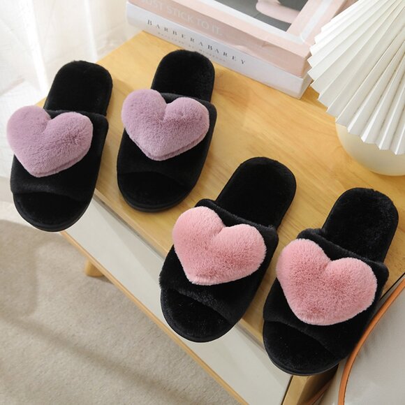 2/$30 Black Fuzzy Slippers with Pink Plush Heart Cute Cozy Indoor Slide Sandals - Picture 5 of 6